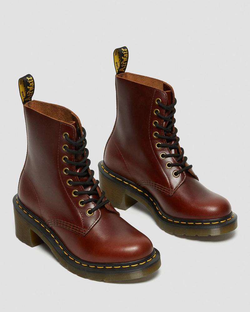 Brown Women's Dr Martens Clemency Leather Heeled Lace Up Boots | CA 216TCE